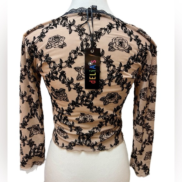 NWT Small Dolls Kill Delia’s Sweetest Sound Mesh Top Tan w/ Black Velvet Roses - Picture 7 of 12
